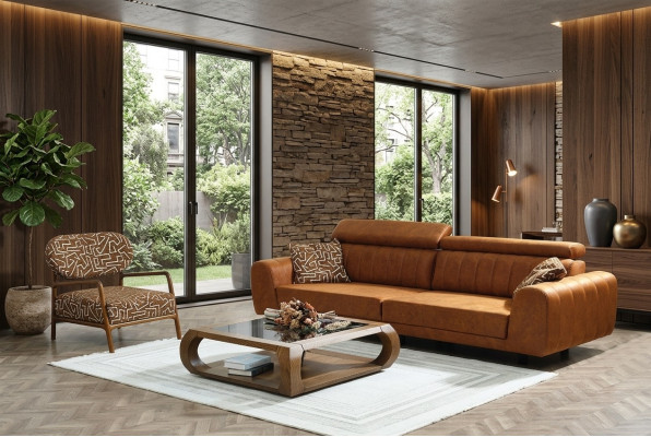 Komplette Couchgarnitur Viersitzer Sessel Couch Braun Kunstleder Sofas