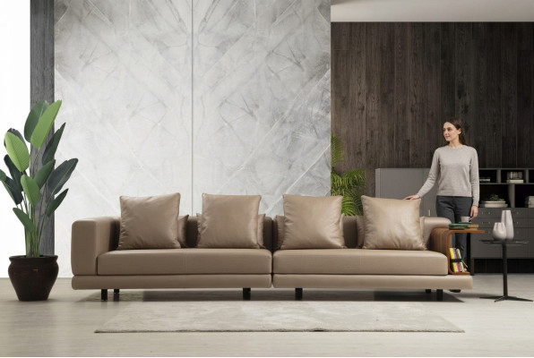 Viersitzer Couch Beige Sofa 4 Sitzer Polstersofa Modern Kunstleder