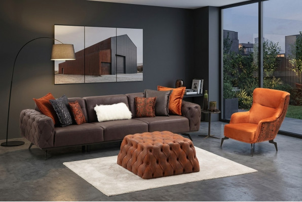 Komplette Viersitzer Sessel Couch Braun Polstersofa Stoffsofa Set 2tlg