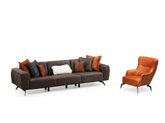 Komplette Viersitzer Sessel Couch Braun Polstersofa Stoffsofa Set 2tlg