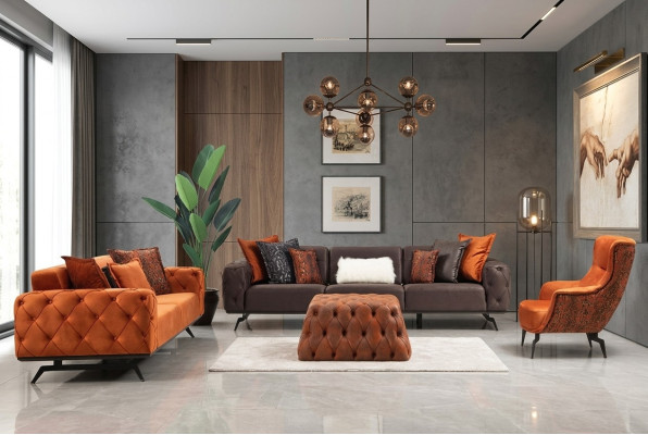 Couchgarnitur Viersitzer Dreisitzer Sessel Orange Sofa 3tlg Stoffsofa