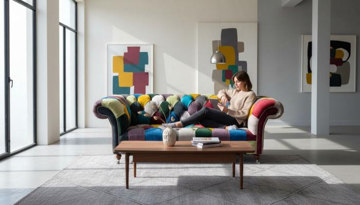 Chesterfield Sofa Polster Design Mehrfarbig Sitz Textil Couch Wohnzimmer