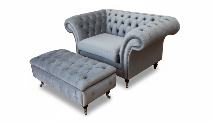 Chesterfield Ohrensessel Hocker Sessel Couch Polster Set Grau Textil