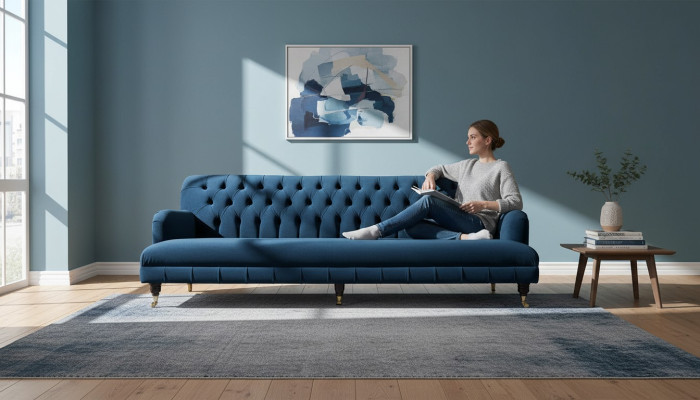 Luxuriöses Designersofa im Chesterfield-Stil mit vier Sitzplätzen in der Farbe Blau