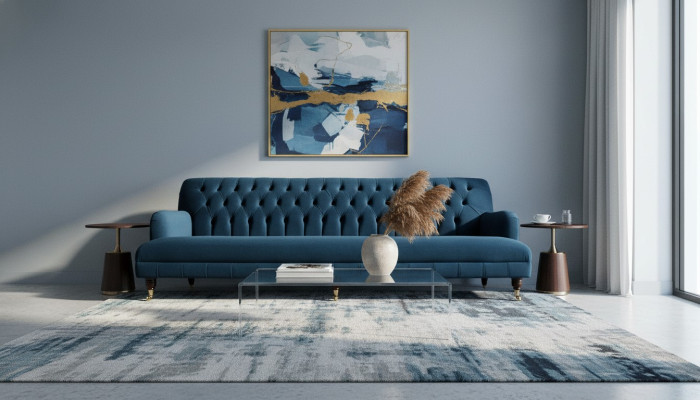 Luxuriöses Designersofa im Chesterfield-Stil mit vier Sitzplätzen in der Farbe Blau