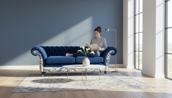 Chesterfield Royal Blaue Samt Couch Polster Sitz Lounge Sofas Couchen