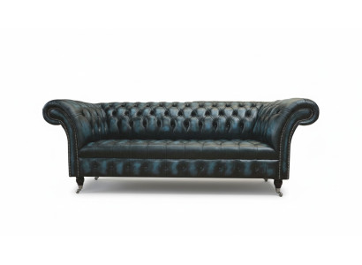 Klassischer 3 Sitz Couch Polster Sitz Chesterfield Textil Leder Blau