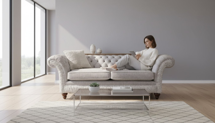 Modern Dreisitzer Design Polster Sitz Textil Sofa 3 Sitzer Wohnzimmersofa Chesterfield Beige
