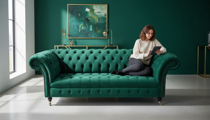 Dreisitzer Sofa 3 Sitzer Luxus Sitz Modern Sofas Grün Stoff Chesterfield