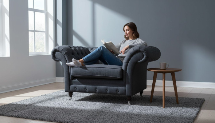 Grauer Chesterfield Sessel 1.5 Sitzer Sofa Couch Polster Textil Grau Sessel