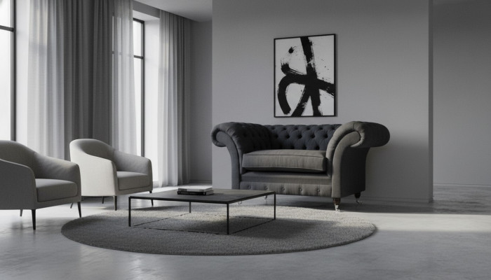 Grauer Chesterfield Sessel 1.5 Sitzer Sofa Couch Polster Textil Grau Sessel