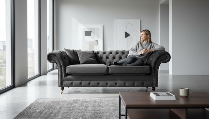 Design Chesterfield Sofa 3 Sitzer Grau Couch Polster Sofas Wohnzimmer
