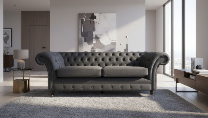 Design Chesterfield Sofa 3 Sitzer Grau Couch Polster Sofas Wohnzimmer