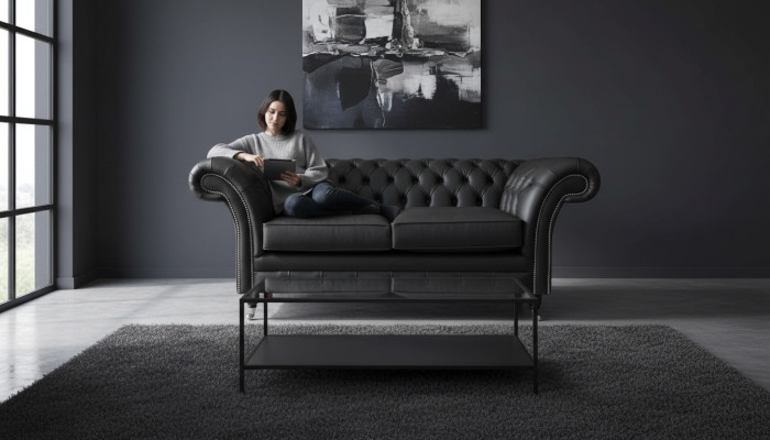 Sofa Luxus Textil Chesterfield Couch Sofas Polster 2 Sitzer Schwarz Leder