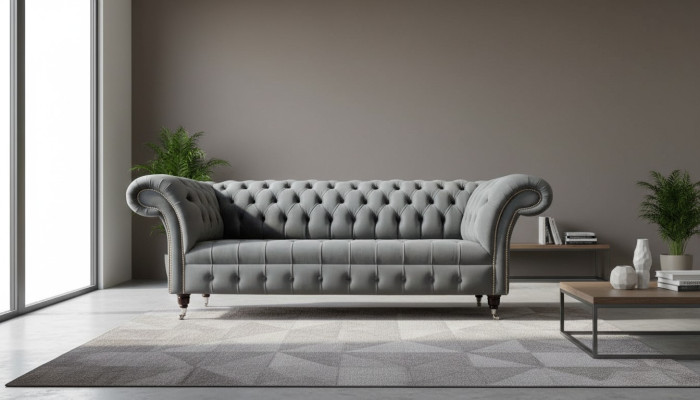 Englische Chesterfield Sofa Couch Büro Möbel Dreisitz Samt 230cm Grau