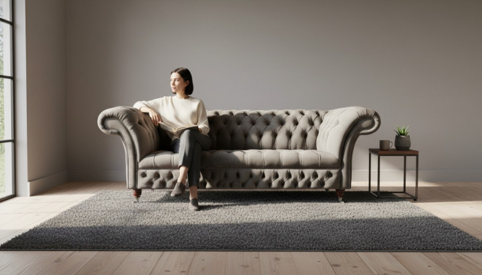 Englische Chesterfield Sofa Couch Büro Möbel Dreisitz Samt 230cm Taupe