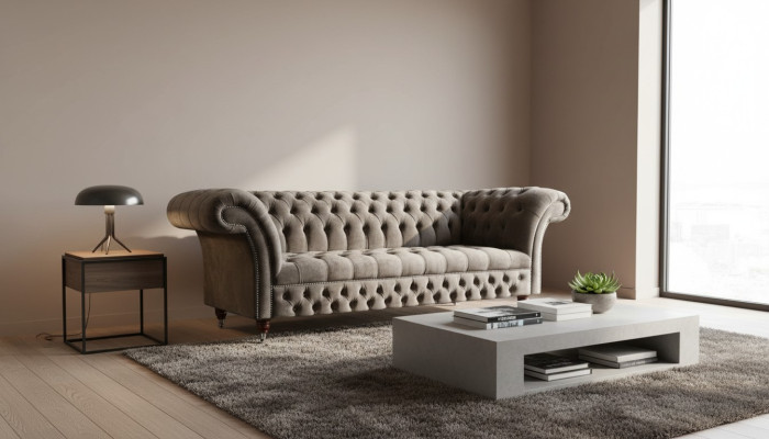Englische Chesterfield Sofa Couch Büro Möbel Dreisitz Samt 230cm Taupe