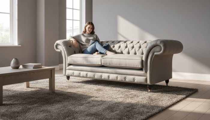 Englische Chesterfield Sofa Couch Büro Möbel Dreisitz Samt 230cm Braun