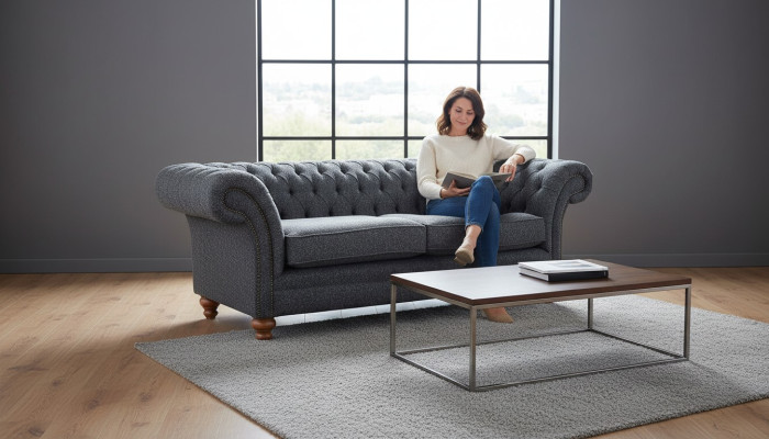 Graue Chesterfield 3 Sitzer Grau Textil Design Couchen Polster Sofas