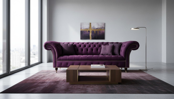 Lila Chesterfield Sofa 3 Sitzer Chesterfield Designer Couch Textil Stoff