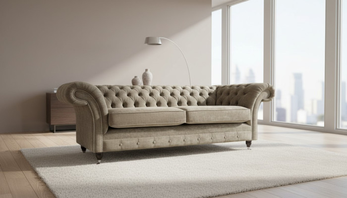 Dreisitzer Chesterfield Sofa 3 Sitz Sofas Grau Stoff Wohnzimmer Luxus
