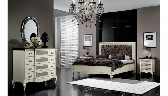 Bett 2x Nachttische 5tlg. Italienische Möbel Schlafzimmer Kommode Holz