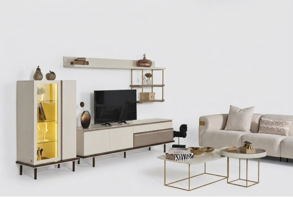 Weißes Wohnzimmer Set Designer TV-Ständer Luxus LED Vitrine Holz Regal