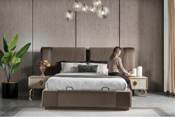 Braunes Schlafzimmer Set Designer Doppelbett 2x Nachttische Luxus Möbel
