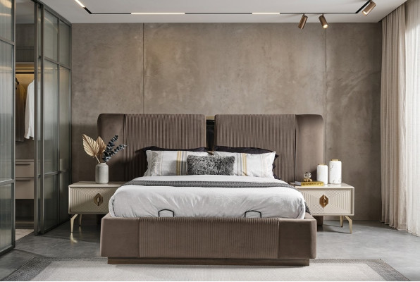 Braunes Schlafzimmer Set Designer Doppelbett 2x Nachttische Luxus Möbel