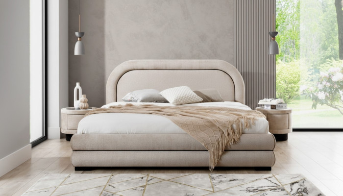 Schlafzimmer Garnitur Designer Beiges Doppelbett 2x Textil Nachttische