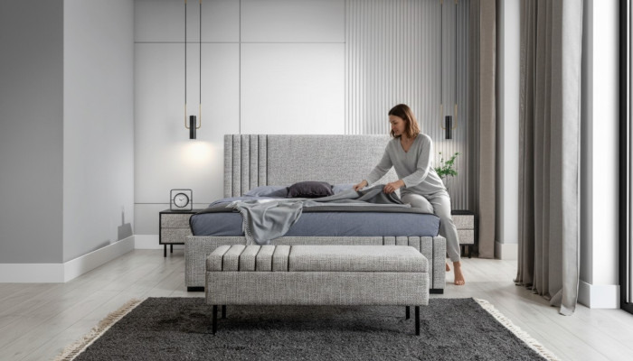 Hellgraue Schlafzimmer Möbel Designer Textilbett 2x Nachttische Bank
