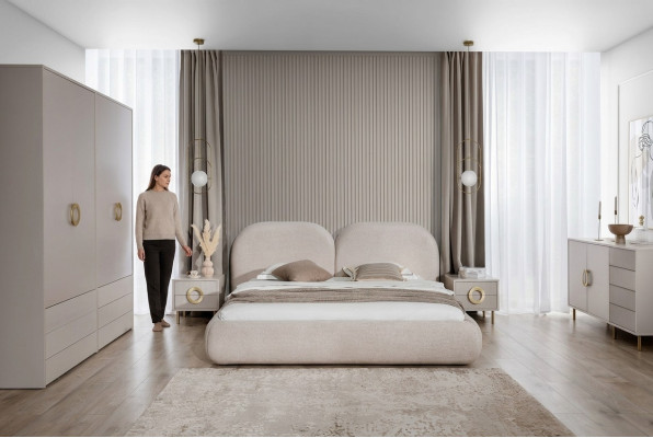 Beiges Schlafzimmer Set Doppelbett Kleiderschrank Kommode 2x Nachttische