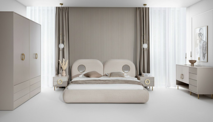 Beiges Schlafzimmer Set Doppelbett Kleiderschrank Kommode 2x Nachttische