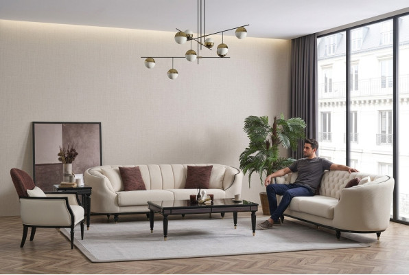 Weißes Wohnzimmer Set Sofagarnitur 3+3+1 Couchtisch Beistelltisch 5tlg