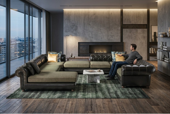 Schwarz-grünes Ecksofa U-Form Polster Wohnlandschaft Relax Luxus Couch