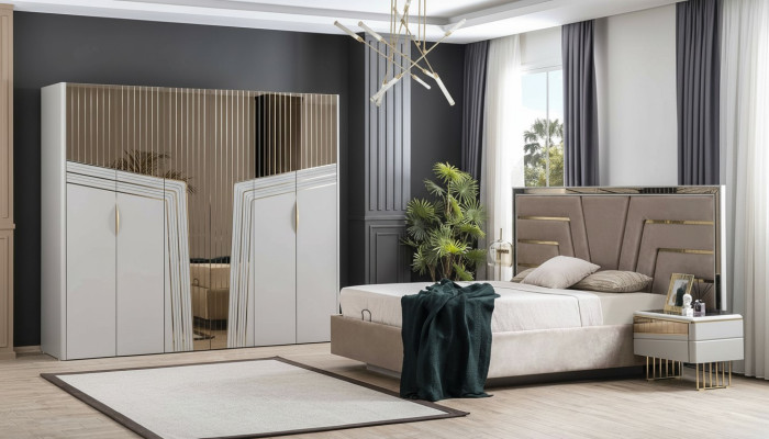 Moderner Schlafzimmer Set Designer Bett 2x Nachttische Kleiderschrank 
