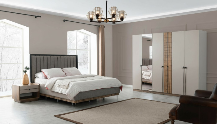 Schlafzimmer Moderne Garnitur Textil Doppelbett Holz Kleiderschrank 4tlg