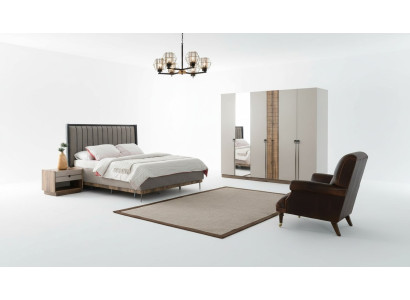 Schlafzimmer Moderne Garnitur Textil Doppelbett Holz Kleiderschrank 4tlg
