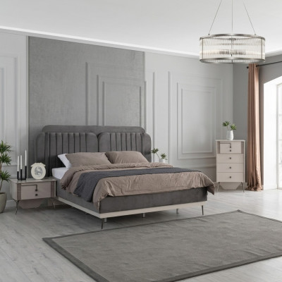 Schlafzimmer Modernes Set Graues Doppelbett 2x Design Nachttische 3tlg