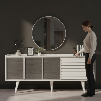 Weißes Sideboard Luxuriöser Rundspiegel Designer Holzmöbel 2tlg Set Neu