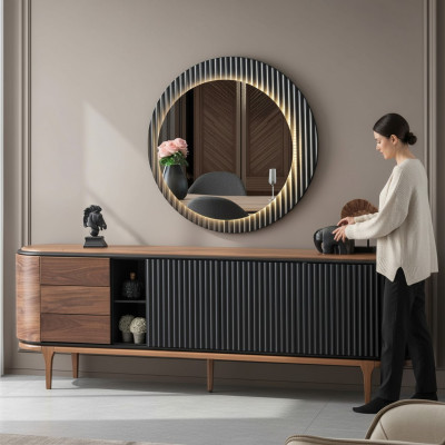 Stilvolle Garnitur Designer Braunes Sideboard Rundspiegel 2tlg Holz Set