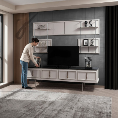 Weiße Wohnzimmer Wandgarnitur TV-Schrank Luxus Hängeregal 3tlg Set Neu