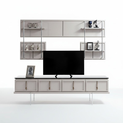 Weiße Wohnzimmer Wandgarnitur TV-Schrank Luxus Hängeregal 3tlg Set Neu