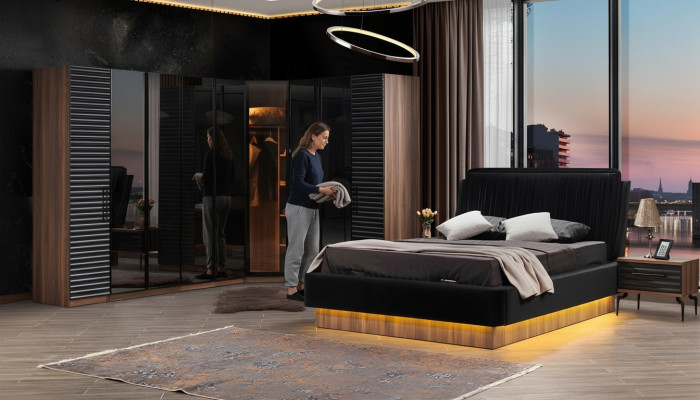 Braun-Schwarzes Schlafzimmer Set Komplette Garnitur Bett 2x Nachttische