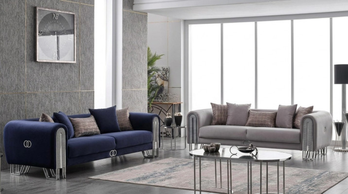 Samt Couch Silber Luxus Sofagarnitur 3+3 Sitzer Couchen Sofa 2tlg.