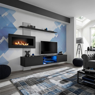 Schwarz Wohnwand mit Kamin Wohnzimmer Designer Modern Möbel TV Ständer
