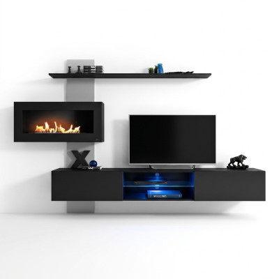 Schwarz Wohnwand mit Kamin Wohnzimmer Designer Modern Möbel TV Ständer