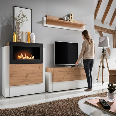 Designer Weiß Wohnwand Luxus Kommode mit Kamin Einrichtung Wohnzimmermöbel