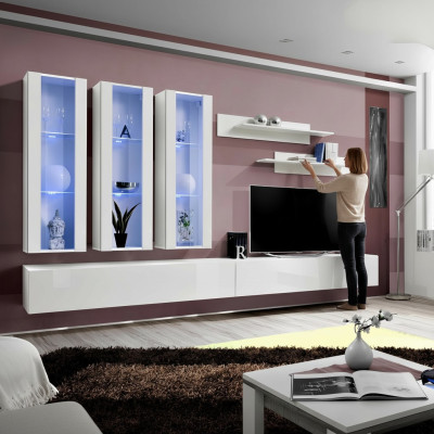Weiß Wohnwand Designer Hänge Vitrine TV Ständer Sideboard Holz Modern
