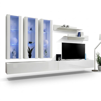 Weiß Wohnwand Designer Hänge Vitrine TV Ständer Sideboard Holz Modern